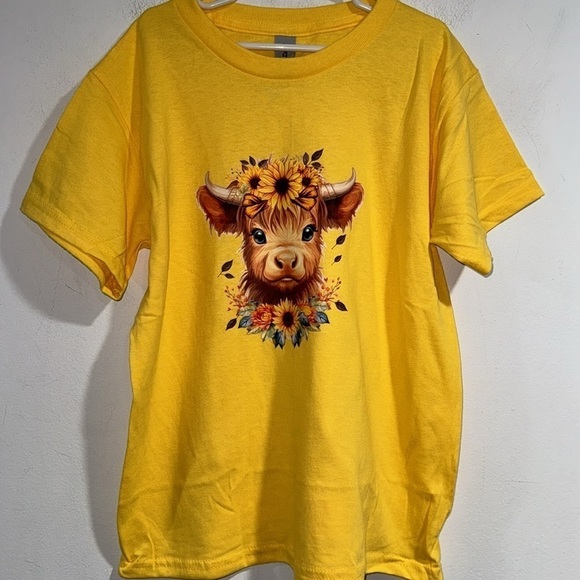 Highland cow shirt NEW floral cute kids small girls unisex fit - Picture 2 of 3